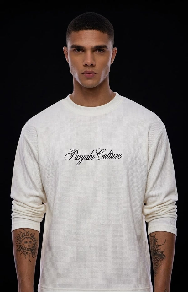 Punjabi Culture Snake Graphic Waffle Knit Full Sleeve Oversized Tee (White)
