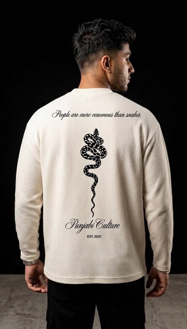 Punjabi Culture Snake Graphic Waffle Knit Full Sleeve Oversized Tee (White)